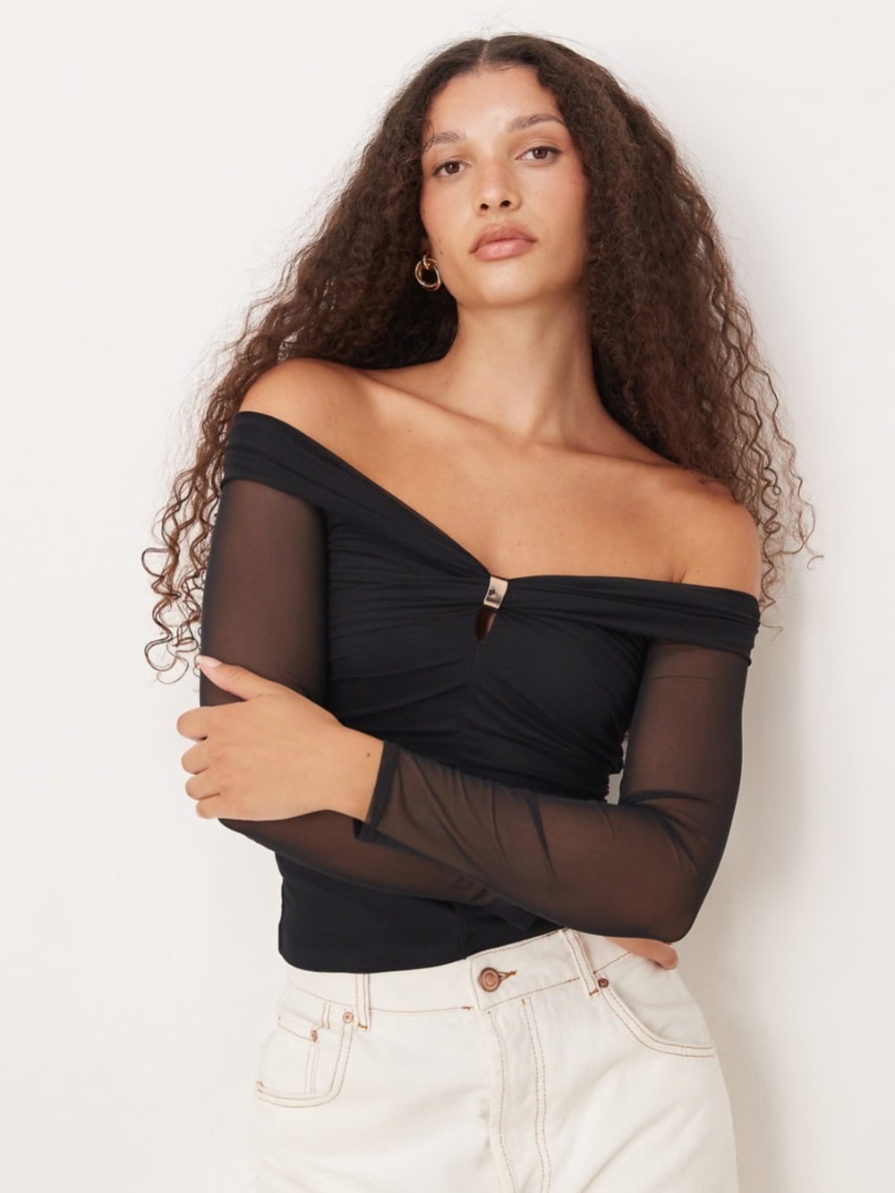 Abercrombie & Fitch off the shoulder mesh long sleeve hardware top in black